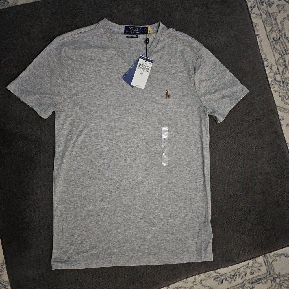 Polo Ralph Lauren Men's Grey Heather Custom Slim Fit V-Neck T-Shirt Size Small - Picture 3 of 8